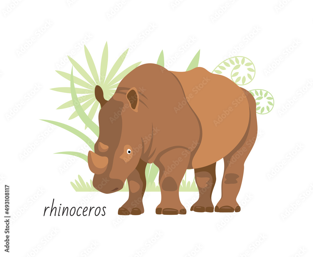 Animal rhinoceros isolated on white background. Tropical plants. Vector flat illustration Animal rhinoceros isolated on white background. Tropical plants. Vector flat illustration