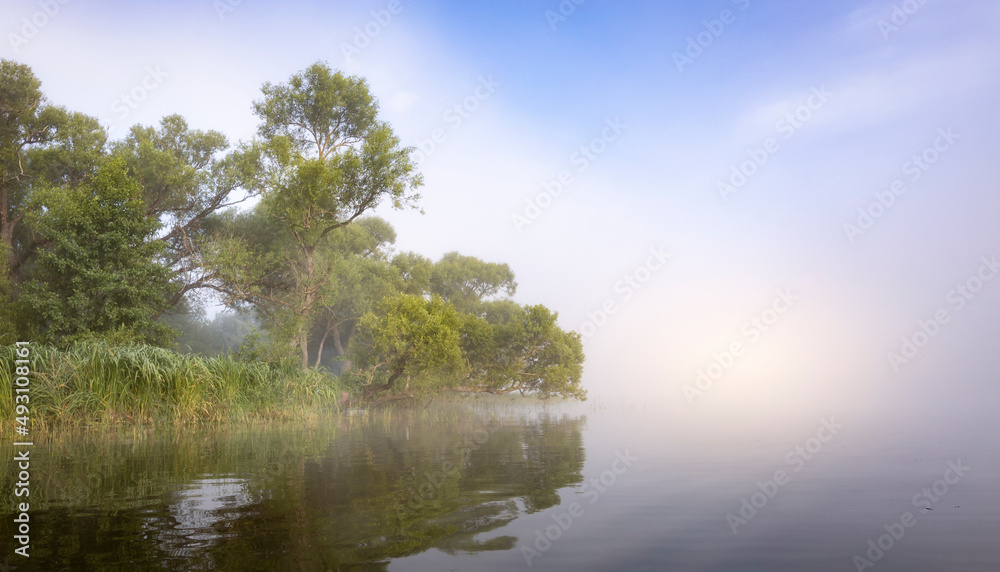 Obraz premium Mystical landscape. Fog in the early morning on the river. The trees near the water are illuminated by the rays of the rising sun.