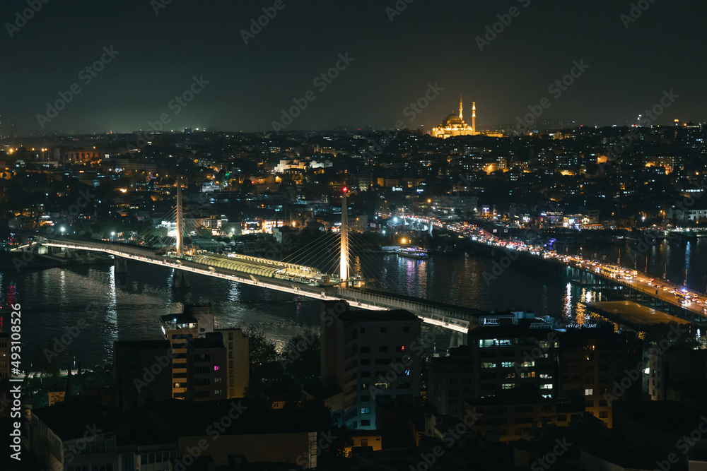 Istanbul and Golden Horn view at night from Galata Tower
