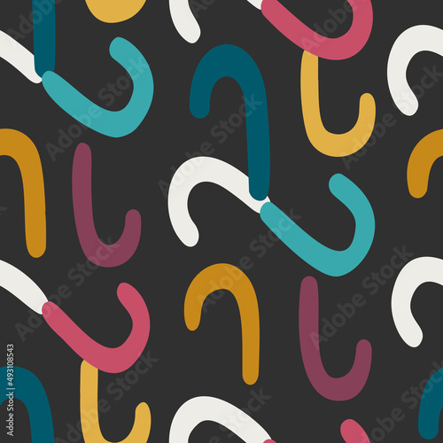 Stylish geometric background made of isolated colorful bold curved lines. Memphis style. Seamless design.