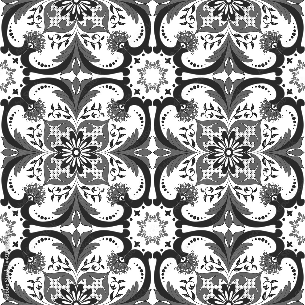 tile ornament, seamless pattern black and white drawing, tile design, textile, seamless pattern