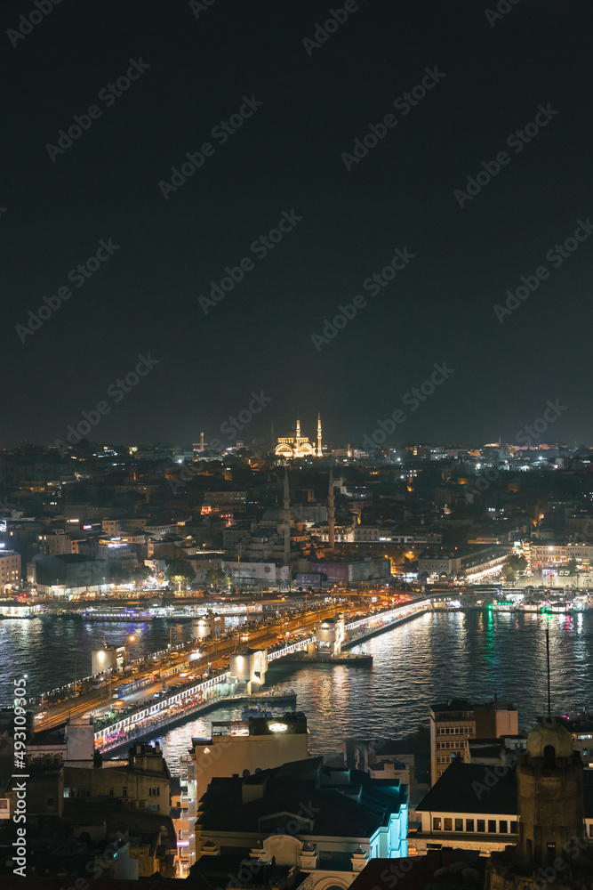 Istanbul night view. Istanbul at night from Galata Tower. Travel to Turkey