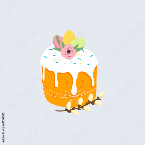 Easter cake with flowers, easter eggs, willow sprig, vector design element