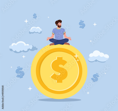 Financial guru concept. Man in lotus position sits on coin. Financial literacy, successful investor or entrepreneur. Rich man with passive income, growth of funds. Cartoon flat vector illustration