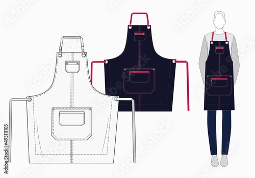 Uniforms Design Apron fashion flat template. Men's Apron flat pattern vector template. Black Apron fashion technical drawing template. Kitchen protective Apron fashion design.
