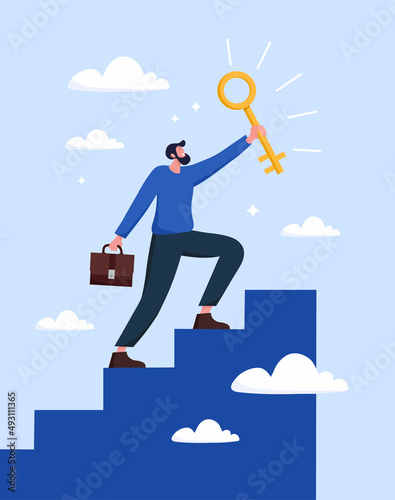 Key to business success. Man with briefcase climbs stairs. Motivation poster, setting and achieving goals, successful entrepreneur. Company development concept. Cartoon flat vector illustration © Rudzhan