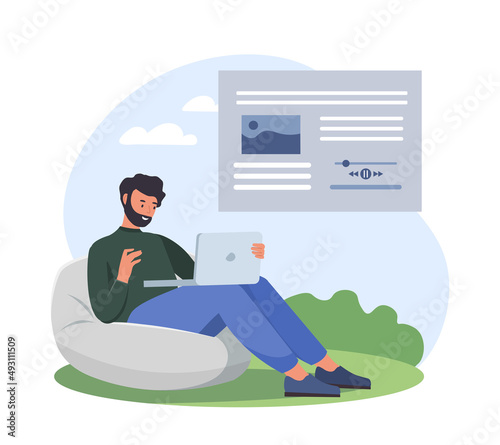 Man relaxing with laptop. Character reads article, man on pouffe looks at page of website. Internet and social accounts, modern technologies and digital world. Cartoon flat vector illustration