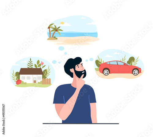 Man think about dreams. Man wants to go on vacation, buy car and relax at home. Financial literacy and decision making. Needs and desires, pensive character. Cartoon flat vector illustration