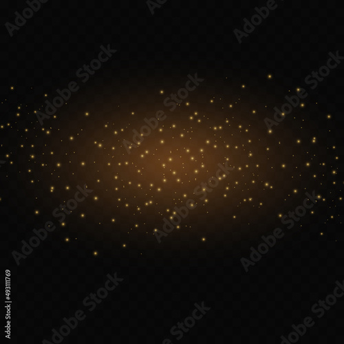 Golden Confetti Glitters. Vector Festive Illustration of Falling Shiny Particles And Stars. Sparkling Texture Isolated on Transparent Checkered Background. Holiday Decorative Tinsel Element for