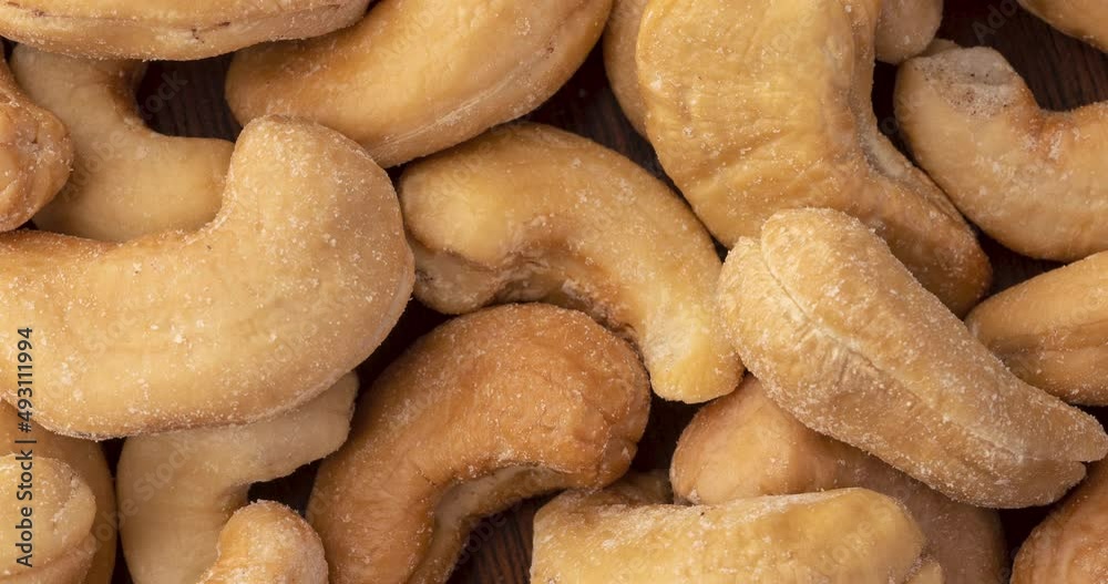 Top closeup view of salted cashew nuts
