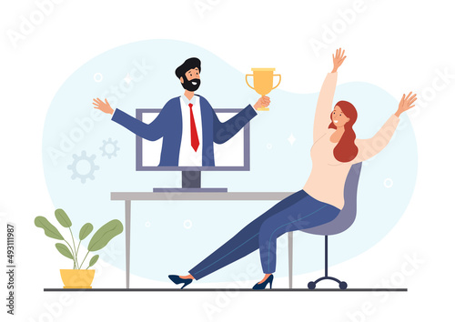 Office worker in office. Man from monitor gives girl gold cup. Successful employee, achievement award. Leadership and motivation, project completed, congratulations. Cartoon flat vector illustration