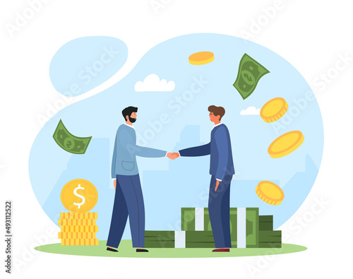 Salary negotiation concept. Businessmen shake hands on background of money. Characters making deals, investor and aspiring entrepreneur. Financial literacy metaphor. Cartoon flat vector illustration