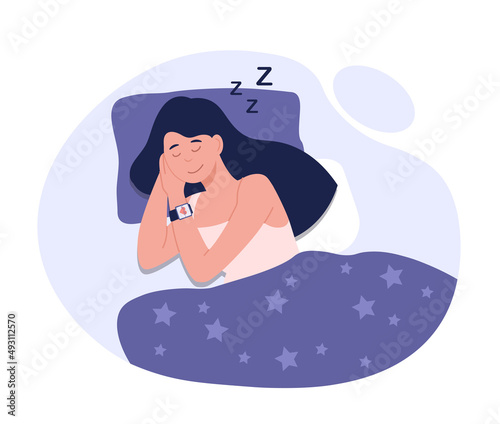 Fototapeta Naklejka Na Ścianę i Meble -  Sleep control concept. Girl lies in bed with special watch on her hands, smart devices and modern technologies. Alarm clock, vital signs monitoring and health care. Cartoon flat vector illustration