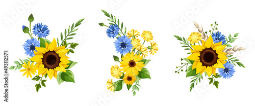 Blue and yellow sunflowers, gerbera flowers, cornflowers, dandelion flowers, and green leaves. Set of three bouquets isolated on a white background