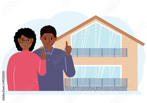 Wife and husband buy a house, thumbs up approvingly. Family, mortgage, real estate concept for banner, website design.