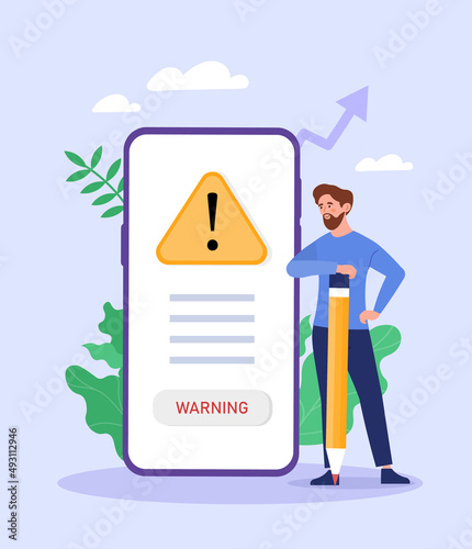 Concept of warning. Man with pencil stands near smartphone, error or warning about potential virus. Safety on Internet, programmer fixes application, worker. Cartoon flat vector illustration