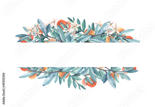 Frame of twigs with green leaves, pale pink flowers and juicy orange orange fruits. Painted in watercolor, isolated on a white background. For cards, wedding invitations, notebook and diary covers, sc