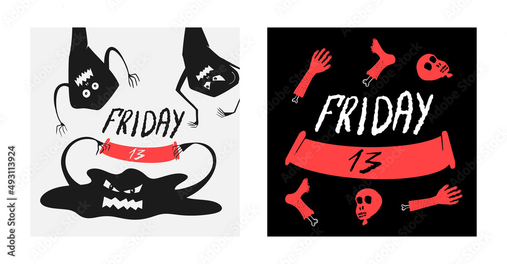 postcards for Friday the 13th with monsters and body parts
