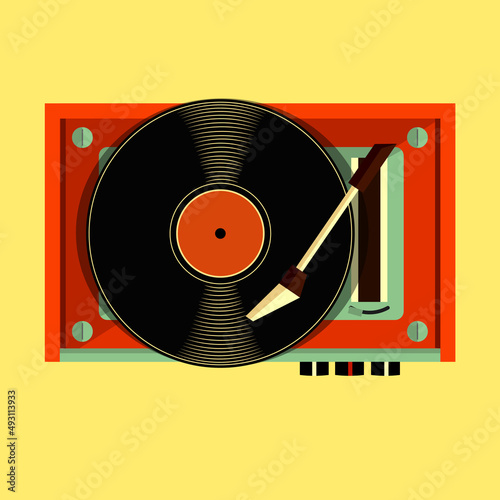 Isolated image of retro vinyl player. Trendy music equipment icon in vintage style. Vinyl discs for design. Hippie style.