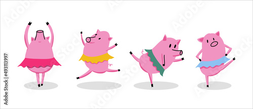 Ballet of dancing pigs in colorful skirts