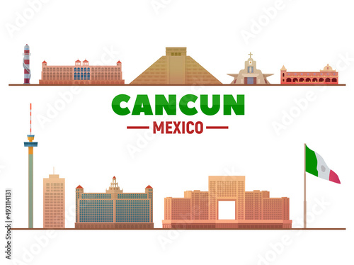 Cancun city ( Mexico ) most famous landmarks at white background. Flat vector illustration. Business travel and tourism concept with modern buildings. Image for banner or web site.