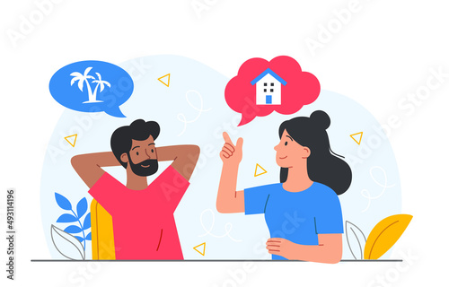People share their dreams. Man and girl discuss their desires, husband and wife and colleagues at work. Guy wants to relax on beach, and woman wants her house. Cartoon flat vector illustration