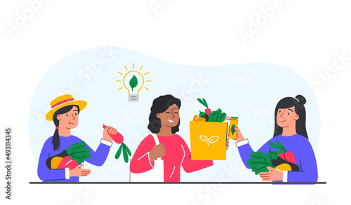 Full of vegetables. Farmers and agriculture. Young girls go with packages of fresh, natural organic products. Healthy food, diet and nutrition, happy friends. Cartoon flat vector illustration