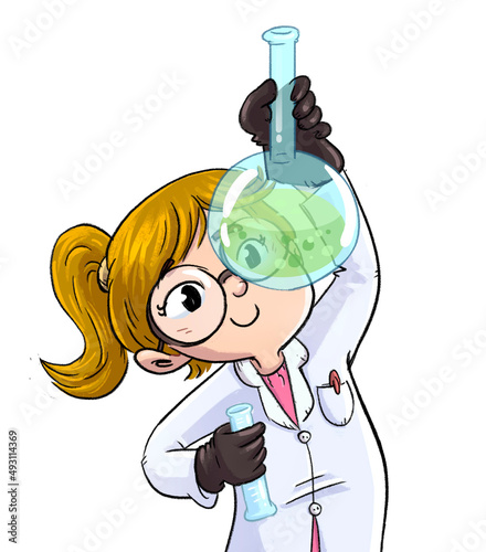 Illustration of little girl scientist with test tube