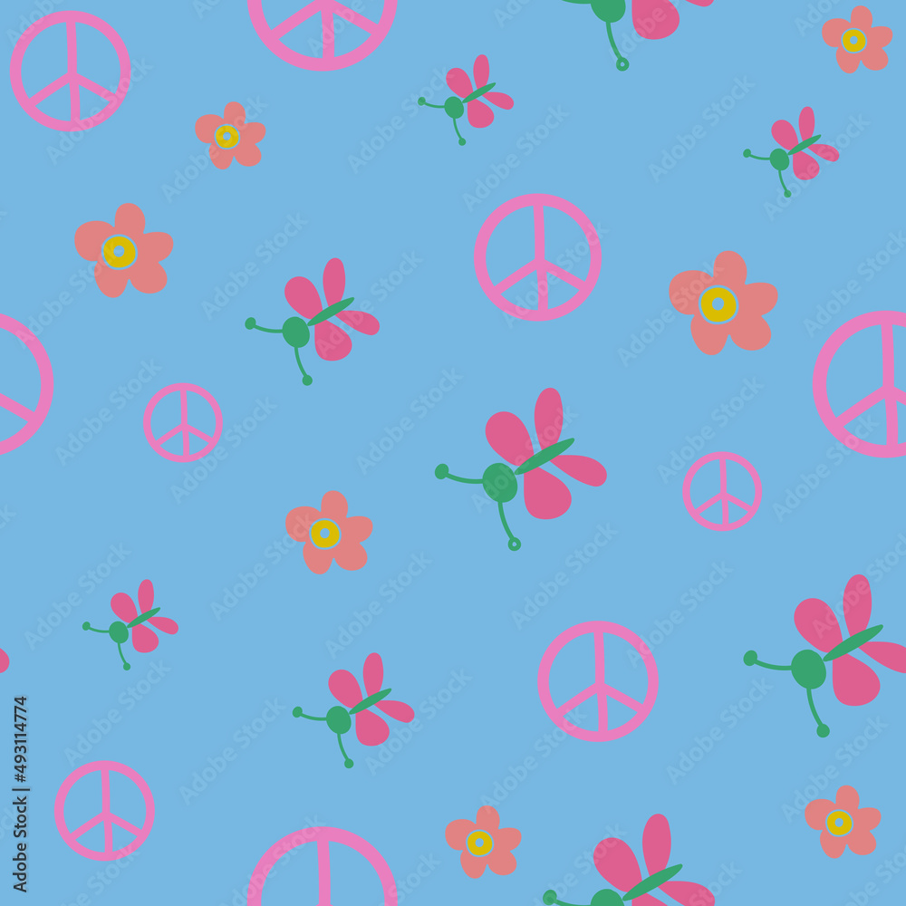 Pacifist Peace sign, butterfly and flowers on light blue background.