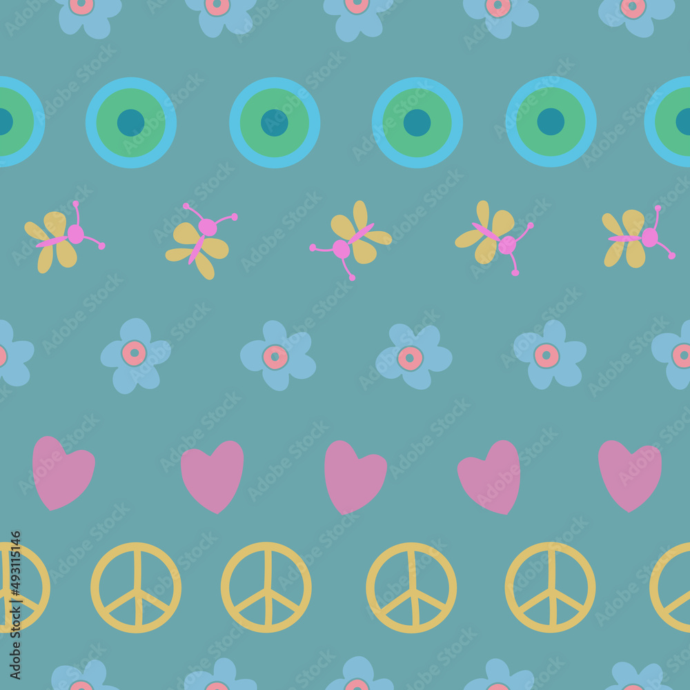 Pacifist Peace sign, butterfly, heart and flowers in a row on light blue background.