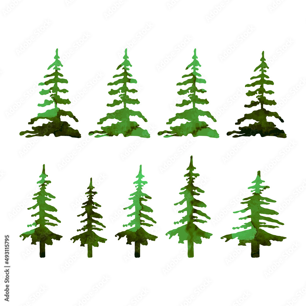 watercolor Christmas trees, set of nine silhouettes, green color