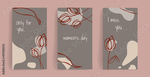 Stylish set with tulips for social media posts, stories, banners, mobile applications, web, advertising, congratulations on March 8. Vector design mockup wit space for text. Soft grey, burgundy, beige