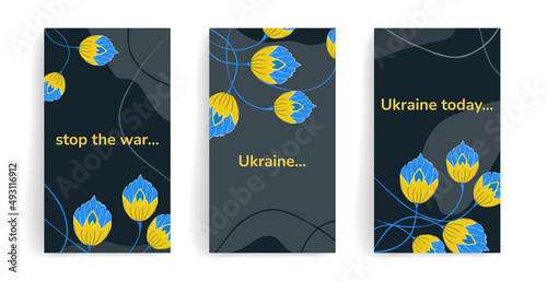Thematic Set of vector templates for social media posts, stories, banners, mobile apps, web, ads, covers. Simple design with copy space for text with abstract flowers in Ukrainian flag colors