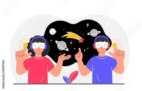 Virtual reality concept. Man and girl in vr glasses are watching space. Scientific research and innovation for education. Futuristic posters and gadgets and devices. Cartoon flat vector illustration