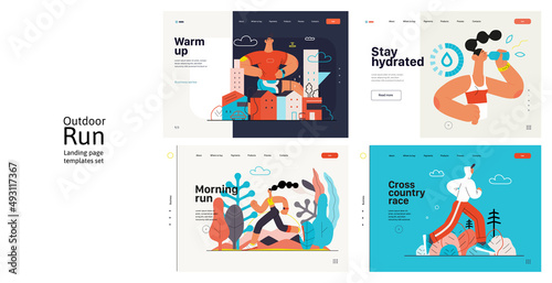 Runners website templates set. Flat vector concept illustrations of athletes running in a park, forest, stadium track or street landscape. Healthy activity and lifestyle. Sprint, jogging, warming up.
