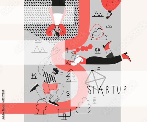 Startup illustration. Flat line vector modern concept illustration of young people, startup metaphor. Concept of building new business, planning, strategy, teamwork and management, company processes