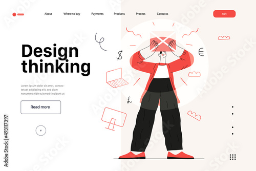 Startup illustration, website landing template Flat line vector modern concept illustration, startup metaphor. Concept of building new business, strategy, company processes. Design thinking