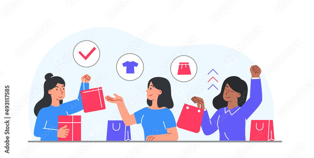 Concept of shopping. Girls with packages at checkout. Buying clothes in supermarket, fashion and style, trends. Women rejoice in wardrobe renewal, girlfriends. Cartoon flat vector illustration