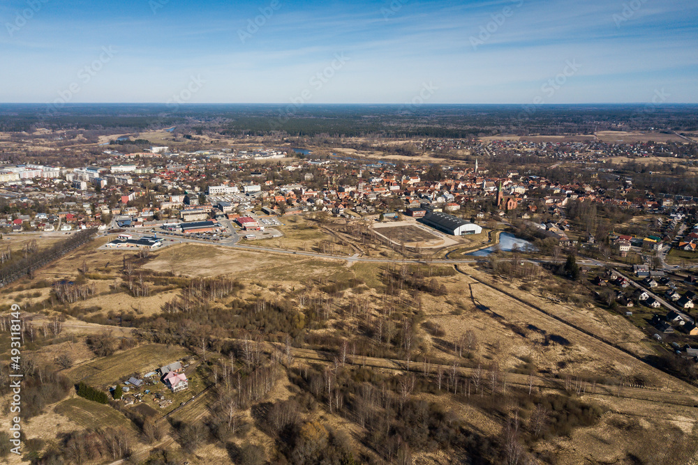 Aerial view of Kuldiga town in sunny spring day, Latvia.