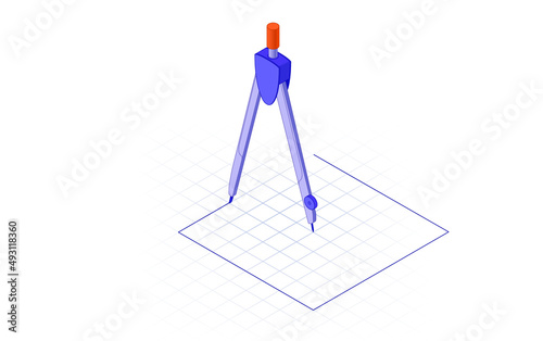 The compass draws a square in isometric projection on a sheet of paper in a cage. The concept of solving unusual problems of any complexity or contradiction. Do the impossible. Paradox poster. Vector photo