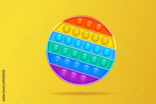Pop it popular silicone colorful anti-stress toy poster for baby on yellow background in vector. Click on Pop Bubble. Simple dimple. Online store advertising concept. New. Develops hand matorics 