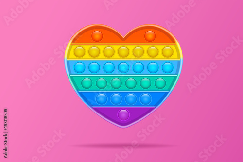 Popular baby silicone colorful anti-stress toy heart Pop it poster for baby on pink background. Click on Pop Bubble. Simple dimple. Advertising in the online store. Develops hand matorics. New. Vector