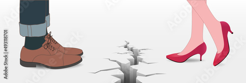 Psychology of relations between a man and a woman. The concept of quarrel or divorce of husband and wife. Crack between the feet in the shoes. Social conflict. Misunderstanding and scandal. Vector