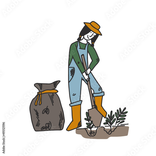 Cute doodle garden girl work replant with shovel. Colorful outline woman gardening prick off flowers and plants, concept for spring agriculture banners, articles, stickers, package