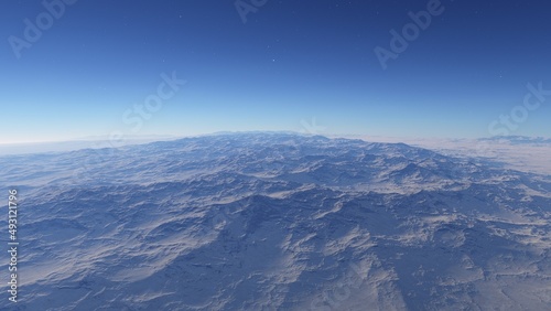 beautiful view from an exoplanet, a view from an alien planet, a computer-generated surface, a fantastic view of an unknown world, a fantasy world 3D render