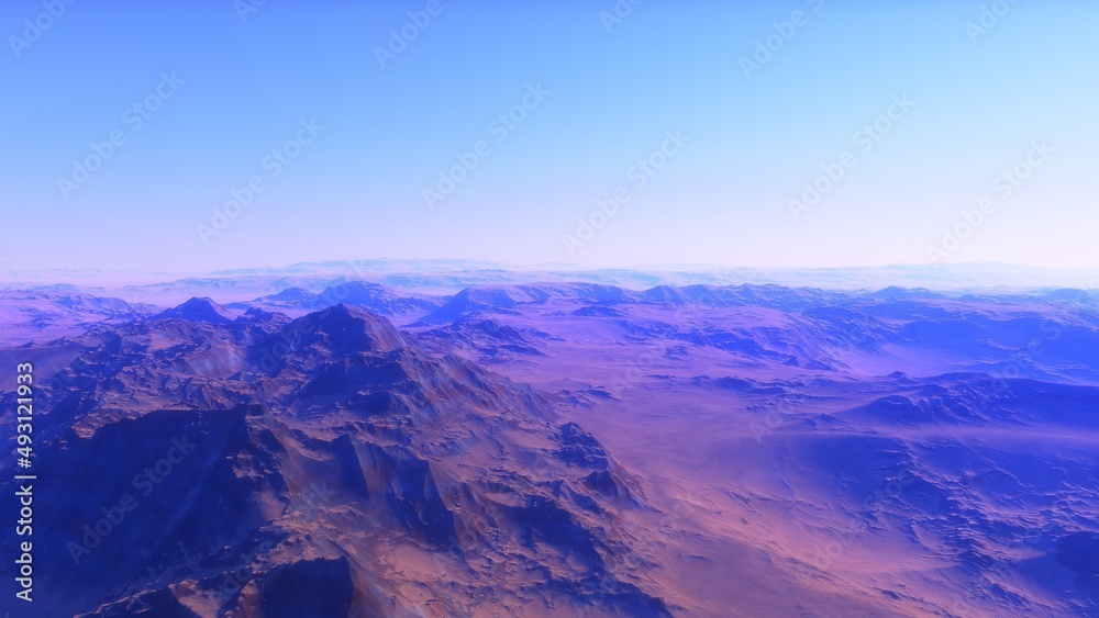 beautiful view from an exoplanet, a view from an alien planet, a computer-generated surface, a fantastic view of an unknown world, a fantasy world 3D render