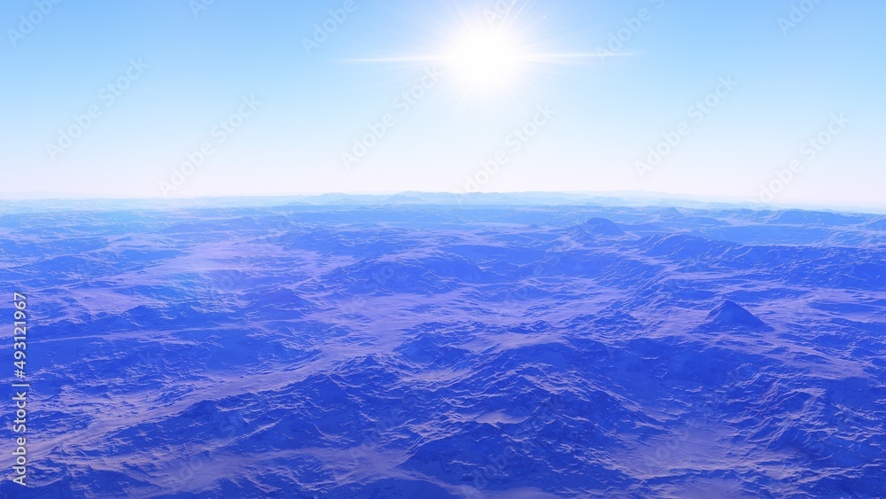 beautiful view from an exoplanet, a view from an alien planet, a computer-generated surface, a fantastic view of an unknown world, a fantasy world 3D render