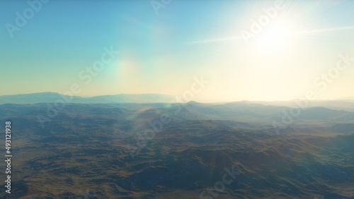 beautiful view from an exoplanet, a view from an alien planet, a computer-generated surface, a fantastic view of an unknown world, a fantasy world 3D render