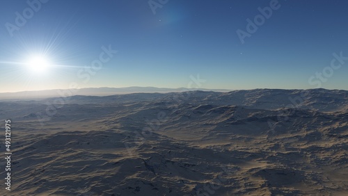 beautiful view from an exoplanet, a view from an alien planet, a computer-generated surface, a fantastic view of an unknown world, a fantasy world 3D render