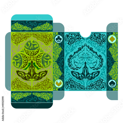 Tuck box template for poker playing cards. Card box with clubs and spades suits. Oriental fairy tale style. Vector illustration isolated on white background.